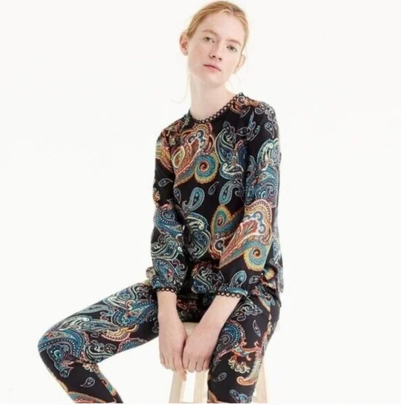 J. Crew Silk Twill Blouse Multicolor Paisley Art Mod Retro Funky Size 6 - Picture 2 of 9